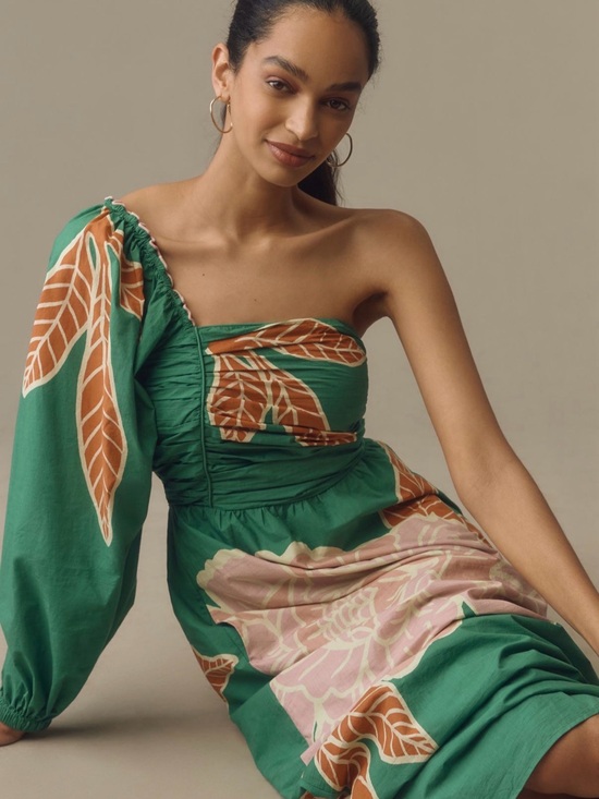 FARM Rio Dresses & Skirts - FARM Rio Green One-Shoulder Floral & Leaf Print Dress